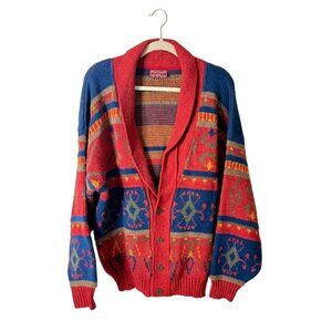 Skjaeveland Trend Cardigan Sweater Button Up Shawl-Collar Red Blue Aztec